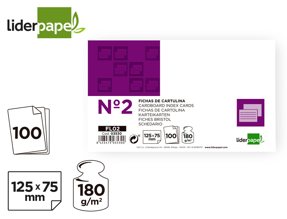 FICHA LIDERPAPEL LISA N2 75 X 125MM PAQUETE DE 100 180G